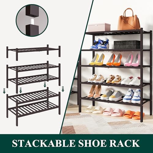 Smiry Bamboo Shoe Rack, 14 Vertical Slats, 3 Tier - 26.8" Wide, Brown - Image 4