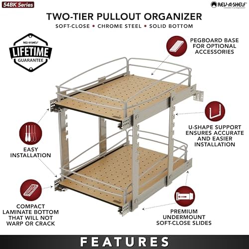 Rev-A-Shelf 2 Tier Pull Out Kitchen Cabinet Storage Organizer with Solid Bottom & Undermount Soft-Close Full Extension Slides, Min Opening Width of 14", 54BK-15SC-2-1 - Image 3