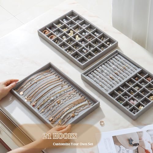 Large Jewelry Organizer for Drawer Insert Velvet Stackable Jewelry Trays for Earring Necklace Bracelet Ring Display (Gray, 20 Hooks) - Image 5