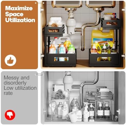 1-Pack Under Sink Organizers and Storage,2-Tier L Shape Pull Out Cabinet Organizer With Round Tube Slide Rails,Hight Adjustable Slide Out Drawers for Kitchen&Bathroom,Multi-Purpose Storage Shelf-Black - Image 5