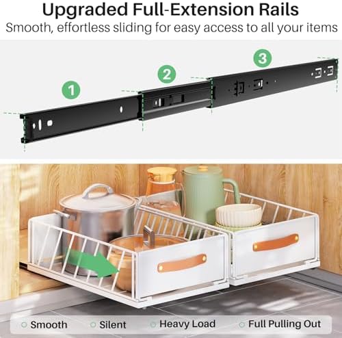 4Pack Pull out Cabinet Organizer,Heavy Duty Slide out Pantry Shelves Drawer Storage with Adhesive Nano Film,Sliding Mesh Basket with Handle for Kitchen, Bathroom, Home, 11.8W" X 15.7"D X 6.2"H,White - Image 3