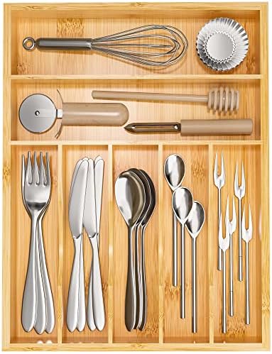 Flatware Organizer Silverware Drawer Organizer - 7 Slots Bamboo Cutlery Tray Multipurpose kitchen Drawer Organizer for Silverware, Utensils, Cutlery, Flatware, Knives W13”x L17” (Yellow) by WUSHIZHUHUN