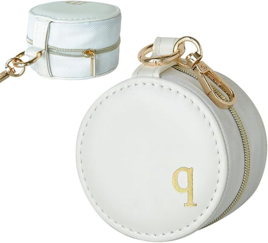 COLLECTIVE HOME - Monogrammed Letter Jewelry Case, Portable Travel Ring Holder Box with Keychain, Personalized Initial Organizer for Earrings Necklaces, Gift for Her (White-q)