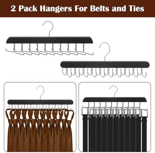 4 Pack Tie Rack and Belt Hanger 2 in 1, Wooden Tie Organizer for Closet with 20 Foldable Hooks, Space Saving Necktie Holder and Belt Organizer, Black - Image 6