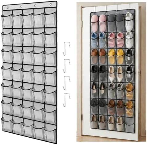 35 Pockets Over The Door Shoe Organizer, Large Breathable Mesh Hanging Shoe Rack with 4 Metal Hooks, Space Saving Gray Over Door Shoe Storage Holder Mesh Bag for Closet Entryway Bedroom Pantry by AnMTGDCT