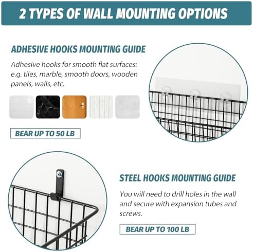4 Set [EXTRA LARGE] Hanging Wall Mount Storage Baskets with Adhesive Hooks & Steel Hooks, Multiuse Sturdy Wire Metal Organizing Baskets for Home Kitchen Bathroom Pantry Utility Organizer, Black - Image 2