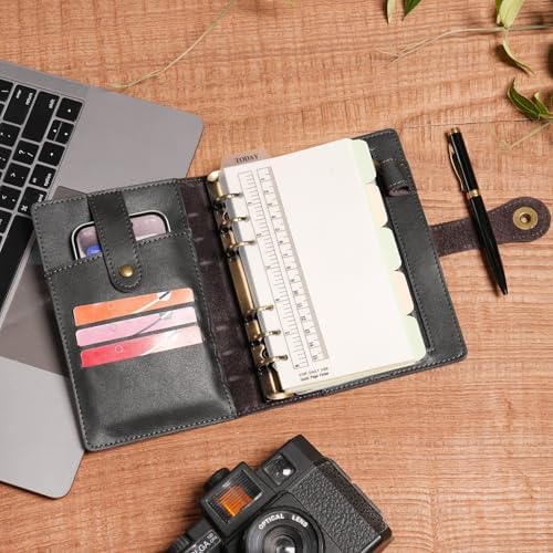 Wonderpool A6 Binder Journal Leather Spiral Notebook Refillable College Ruled Paper, Budget Binder Rings Diary Organizer with Pen for Office School Travel Business Planning Writing (Black,A6) - Image 3