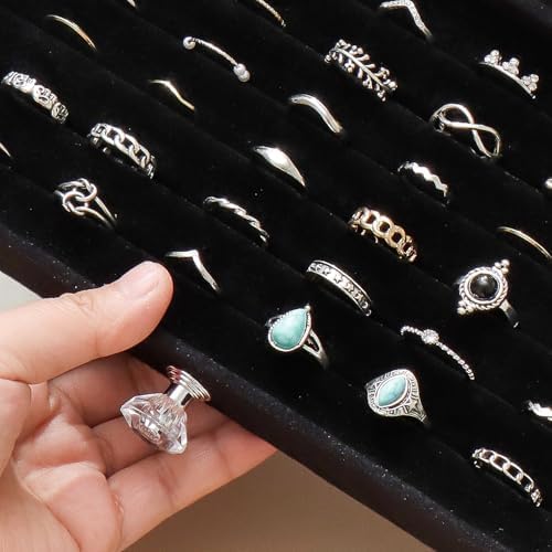SPAKOWN Ring Box Display Holder, Clear Velvet Jewelry Storage Tray Organizer for Ring Stud Earring (Black - 3 Drawers) - Image 4