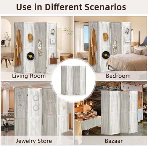 4 Panel Pegboard Display with 16 Hooks, Wooden Room Divider Wall and Folding Privacy Screens, Partition Room dividers, Pegboard Room Divider, Jewelry Store, Retail Store, Bedroom, White - Image 6
