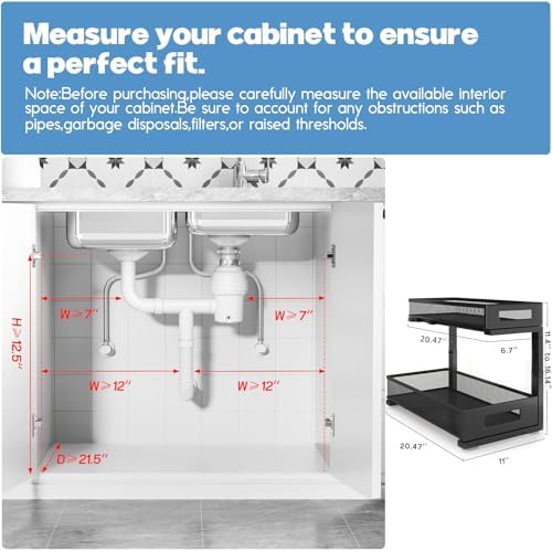 1 Pack 20.47IN Depth Under Sink Storage Organizer, Large 2-Tier Elegant Mesh Pull Out Shelf for Kitchen and Bathroom Cabinet Organization, L-Shaped and Adjustable Height Design-Black - Image 2
