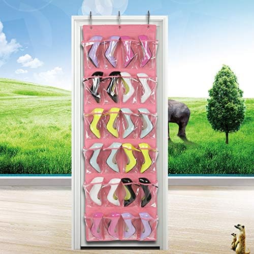 Over The Door Hanging Shoe Organizer Rack Holder Home Non-woven Transparent Storage Bag 24 Pockets With 3 Hooks (Pink) by Unknown