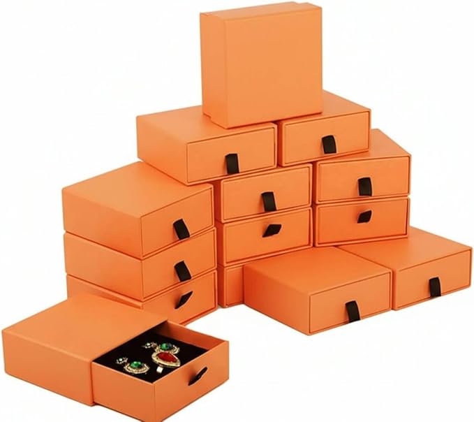 Jewelry Gift Box Velvet-Lined, 12 Pack Compact Drawer Style for Earrings & Rings, Necklace & Bracelet Organizer, Stackable Jewelry Display & Storage Box, Elegant Jewelry Storage (Orange)