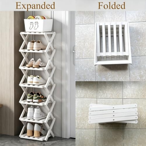 5 Tier Foldable Shoe Rack, Bamboo Vertical Shoe Organizer Tall for Multifunctional Narrow Shoe Shelf for Entryway, Closet, Corner, Bedroom, Hallway(White) - Image 5