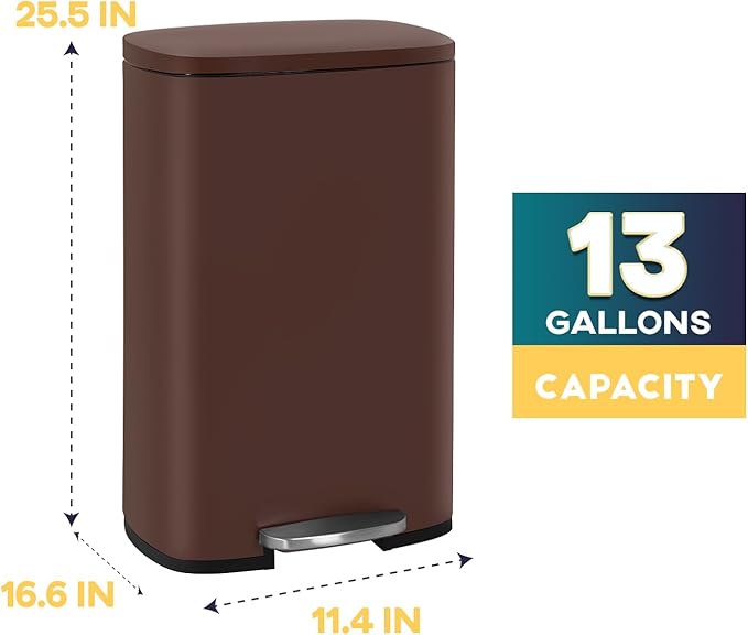 FDW | 13 Gallon Trash Can with Lid | Brown | Fingerprint-Proof | Made of Brushed Stainless Steel | Soft-Close Step Pedal | Hands-Free Use | Easy to Clean | for Kitchen, Office, Bathroom
