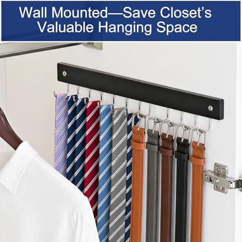 2 Pack Belt Hanger Wall Mount, Large Capacity Tie and Belt Organizer for Wall with 24 180°Rotating Non Slip Hooks, Heavy-Duty Wooden Tie Rack Space Saving Closet Organizers and Storage, Black - Image 4