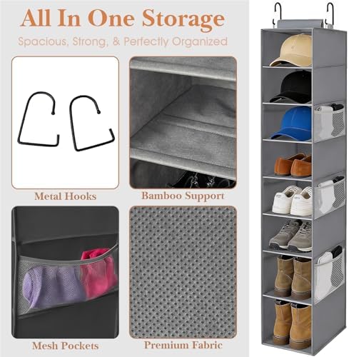Hanging Shoe Organizer for Closet,8-Shelf Hanging Storage with Side Mesh Pockets,Wider Shelves for Baseball Caps,Clothes (9" W × 11.8" D × 54" H) Grey - Image 6