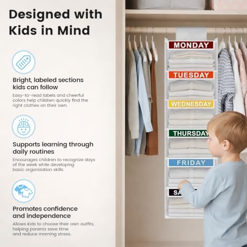 Weekly Clothes Organizer for Kids, 6-Shelf Kid Hanging Closet Organizer w/ 6 Side Pockets, Labeled Weekly Outfit Organizer for Kids, Days of The Week Clothes Organizer Monday Through Friday White - Image 3