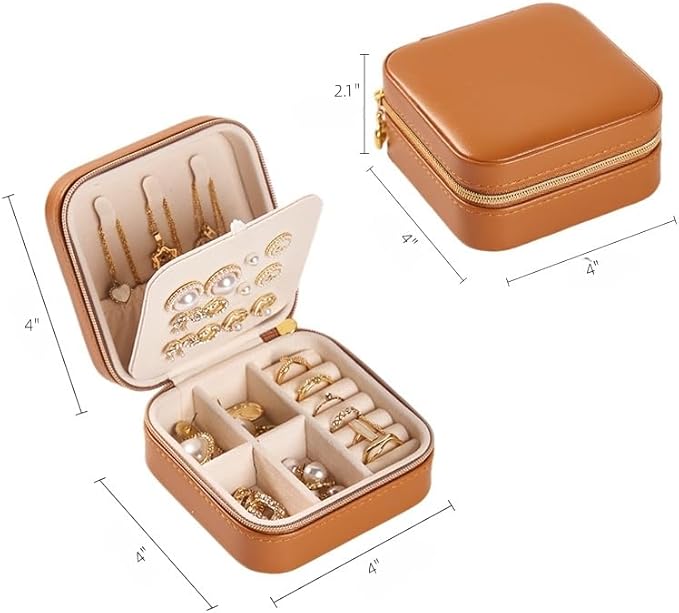 Travel Jewelry Box, PU Leather Small Jewelry Organizer for Women Girls, Portable Mini Travel Case Display Storage Holder Boxes for Stud Earrings, Rings, Necklaces (Brown)