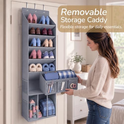 3in1 Over The Door Shoe Organizer with 5 Slanted Compartments,Removable Storage Bin & Transparent Pockets,Thickened Waterproof Oxford Fabric Shoes Rack for Shoes,Boots,Toys,Daily Essentials. (Grey) - Image 3