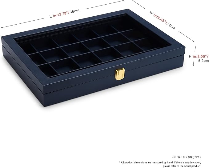 Oirlv Premium Blue Leather 24 Grid Jewelry Tray with Transparent Lid Earrings Rings Organizer Box Stackable Jewelry Box Drawer Inserts Women Gift