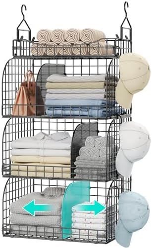 HapiRm Hanging Closet Organizer Storage - 4 Tier Metal Stackable Hanging Closet Shelves with Dividers and S Hooks, Foldable Clothes Shelves for Clothes, Pants, Shoes, Coat, Hats Clutches Accessories by HapiRm