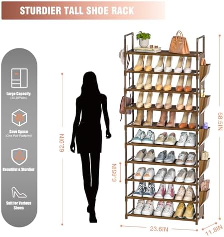 LUKYTOWER Tall Shoe Rack 10 Tier Organizer 30-35 Pairs with Hooks - Image 3