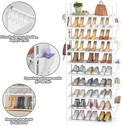 LUKYTOWER Tall Shoe Rack 10 Tier Organizer 30-35 Pairs with Hooks - Image 5