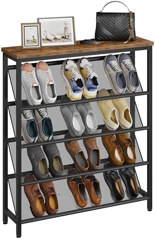 CHOEZON Shoe Rack, 5-Tier Slanted Shoe Storage Shelf, Narrow Shoe Rack for Entryway, Shoe Organizer with Adjustable Feet, Slim Shoe Shelf with Wooden Top and Metal Frame Rustic Brown and Black TXJ02BF by Choezon