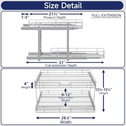2-Tier Pull Out Cabinet Organizer, 28.5" W x 21.5" D, Heavy Duty Dual Slide Out Shelves for Wide Base Cabinets, Chrome Wire Basket Drawer for Pots, Pans, Pantry & Cleaning Supplies - Image 2