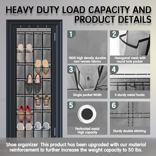 Kotkn 28 Compartment Over the Door Shoe Organizer, Breathable Mesh Large Shoe Rack for Closet Storage, Space Saving Hanging Shoe Holder with Reinforced Hooks (Fits Men & Women,Gray-01) - Image 2