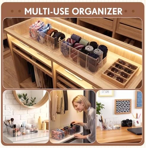 Junkin 2 Pcs Acrylic Belt Organizer with Adjustable 4 Compartments Clear Stackable Belt Holder for Men Leather Belts Storage Box for Closet Drawer Organization Multi-Purpose Display Bin with Inserts - Image 7
