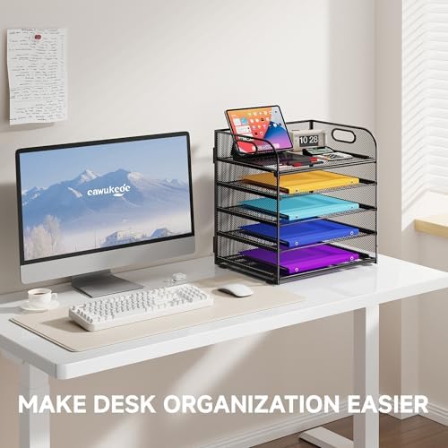 Cawukege 5 Tier Paper Organizer with Handle, Black Metal Mesh Desk Organizer File Folder Paper Letter Tray Desktop Document Sorter for Classroom, School, Office Accessories Organization and Storage - Image 2