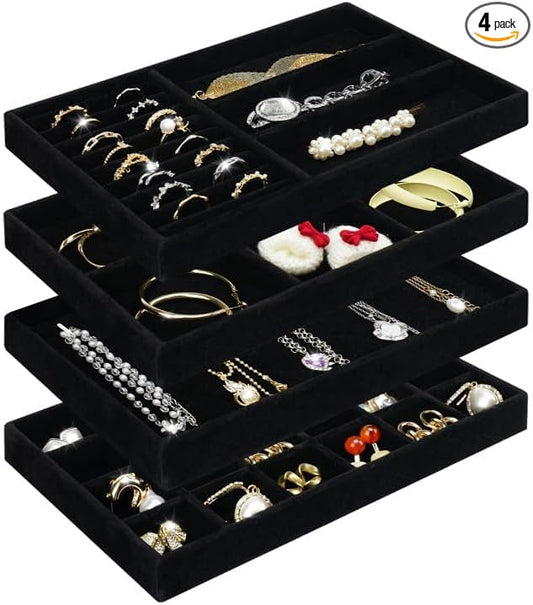 Cirhy 4 Stackable Jewelry Trays Organizer Set for Drawer, Jewelry Organizers and Display Case Storage, Velvet Drawer Inserts Organizer for Necklace Bracelets Earrings Organizer, Gift For Her, Black