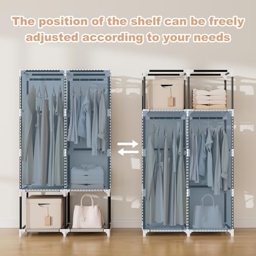 VTRIN Portable Closet Wardrobe for Hanging Clothes with 4 Storage Shelves, 2 Hanging Rods and 6 Pockets, Stable and Easy Assembly Clothes Rack with Cover Free Standing Closet, Brown - Image 7