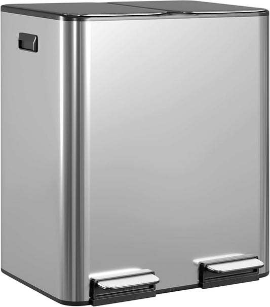 FDW Trash Can, 60 Liter (2x30L) 16 Gallon Stainless Steel Step Can, Rectangular Trash Can with Inner Buckets and Hinged Lids, Suitable for Kitchen Office Home Use,Silver