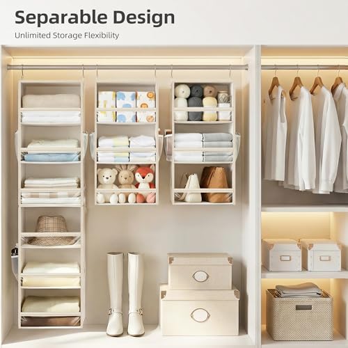 STORAGE MANIAC 6-Shelf Hanging Closet Organizer and Storage, 2 Separable 3-Shelf Haning Organizers for Closet, Collapsible Hanging Shelves Wardrobe Organization, College Dorm Room, Nursery, Beige - Image 4