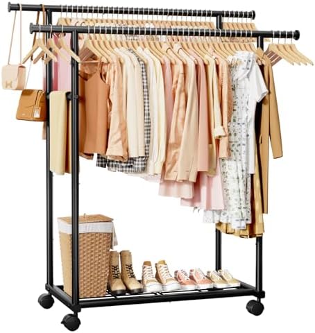 Sakugi Double Rods Clothes Rack - Metal Clothing Rack with Fixed Double Rods, Rolling Wheels & Built-In Shelf for Closet, Bedroom, Laundry Storage (45.6" x 17" x 61", Black) by Sakugi