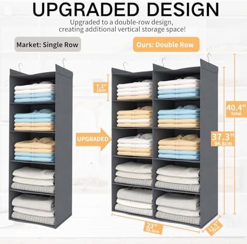 5 Tier Hanging Closet Organizer, Dual Row Wardrobe Storage with Hooks, Grey - Image 2
