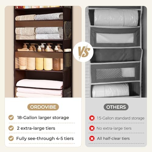5 Tiers Over Door Organizer with 10 Mesh Side Pockets, 44 lbs Weight Capacity Hanging Storage Organizer with Clear Window Kids Toys, Shoes, Diapers, Dark Brown - Image 5