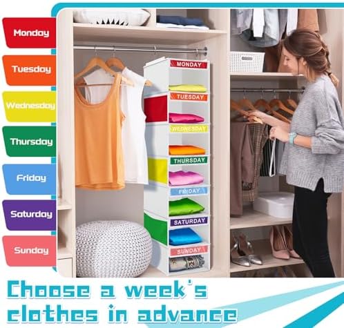 Amylove 2 Pcs 7 Shelf Weekly Clothes Organizer for Kids Hanging Closet Organizer 11. 8 x 11. 8 x 50 Inches Daily Activity Kids Clothes Storage Drawers Cube Drawers Closet Hanging Shelves(White) - Image 6