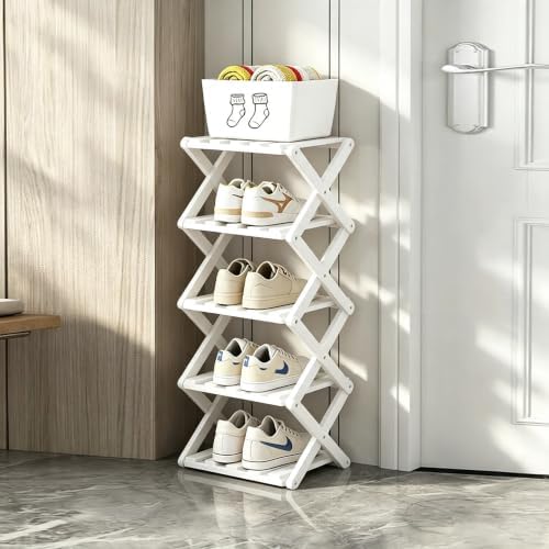 5 Tier Foldable Shoe Rack, Bamboo Vertical Shoe Organizer Tall for Multifunctional Narrow Shoe Shelf for Entryway, Closet, Corner, Bedroom, Hallway(White) by XZXWZX