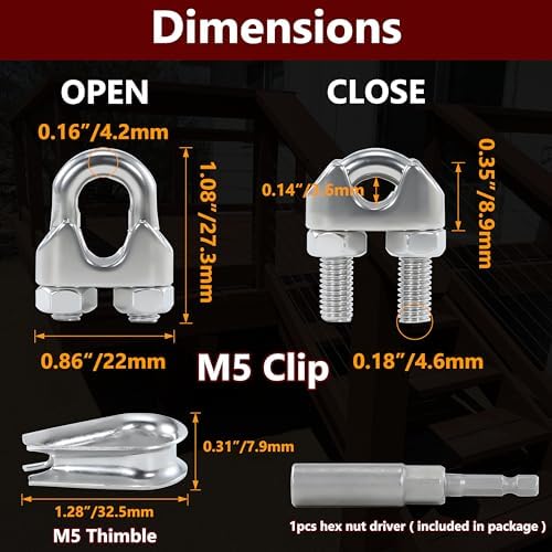 12PCS 3/16-1/4 Inches M5 Stainless Steel Wire Rope Clips,6PCS Thimbles - Image 2