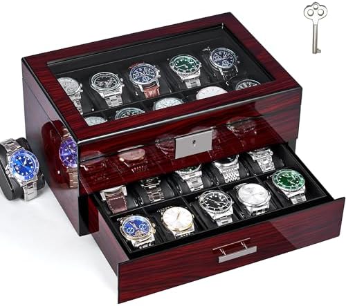 ANWBROAD Watch Box 20-Slot Wooden Watch Case Organizer with Large Glass Lid by ANWBROAD