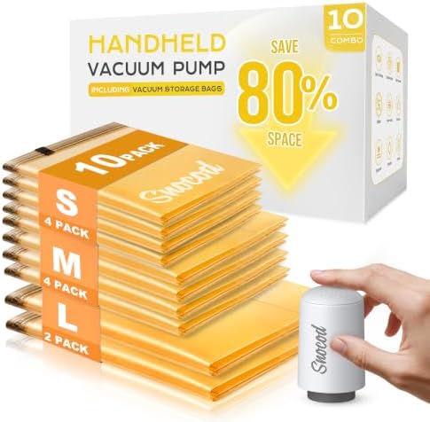 Vacuum Storage Bags with Electric Pump, 10 Reusable Compression Bags for Clothes, Bedding and Travel, Space Saving Storage Bags for Closet and Home Organization, White by SNOCOD