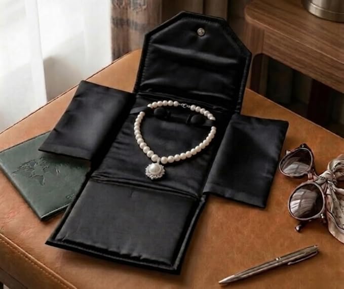 Novel Box Necklace Display Pearl Folder 8x6 inch Large Travel Jewelry Case - Wedding Jewelry Storage Holder with Smooth Finish - Jewelry Organizer Necklace Box - Black/Black Stitched