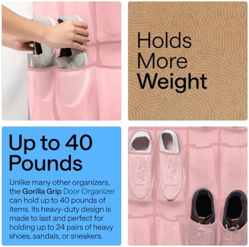 GORILLA GRIP Over the Door Shoe Organizer, 24 Large Pockets, Pink - Image 3