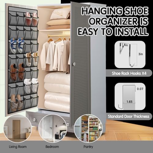 Kotkn 28 Compartment Over the Door Shoe Organizer, Breathable Mesh Large Shoe Rack for Closet Storage, Space Saving Hanging Shoe Holder with Reinforced Hooks (Fits Men & Women,Gray-01) - Image 6
