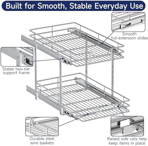 2-Tier Pull Out Cabinet Organizer, 15.5" W x 21.5" D, Heavy Duty Dual Slide Out Shelves for Base Cabinets, Chrome Wire Basket Drawer for Pantry, Kitchen & Bathroom Storage - Image 5
