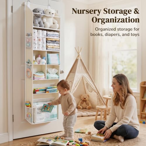 6-in-1 Over Door Hanging Organizer with 12 Mesh Pockets, 44 lbs Capacity, Warm Beige – Versatile Behind Door Storage for Baby Nursery, Newborn Essentials, Bedroom, Bathroom & Dorm - Image 6