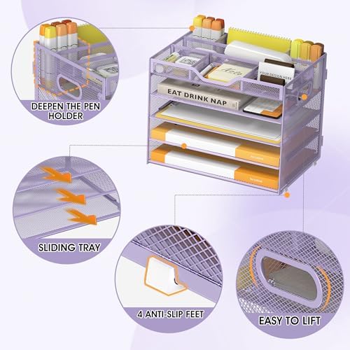 5 Tier Paper Letter Tray Desk Organizer with Pen Holders - Purple - Image 4